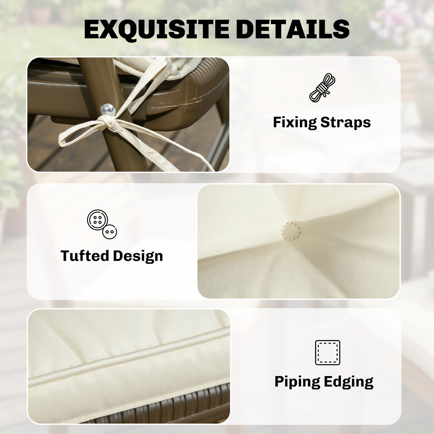 Set of 4 Garden Seat Cushion with Ties, 42 x 42cm Replacement Dining Chair Seat Pad, Cream White