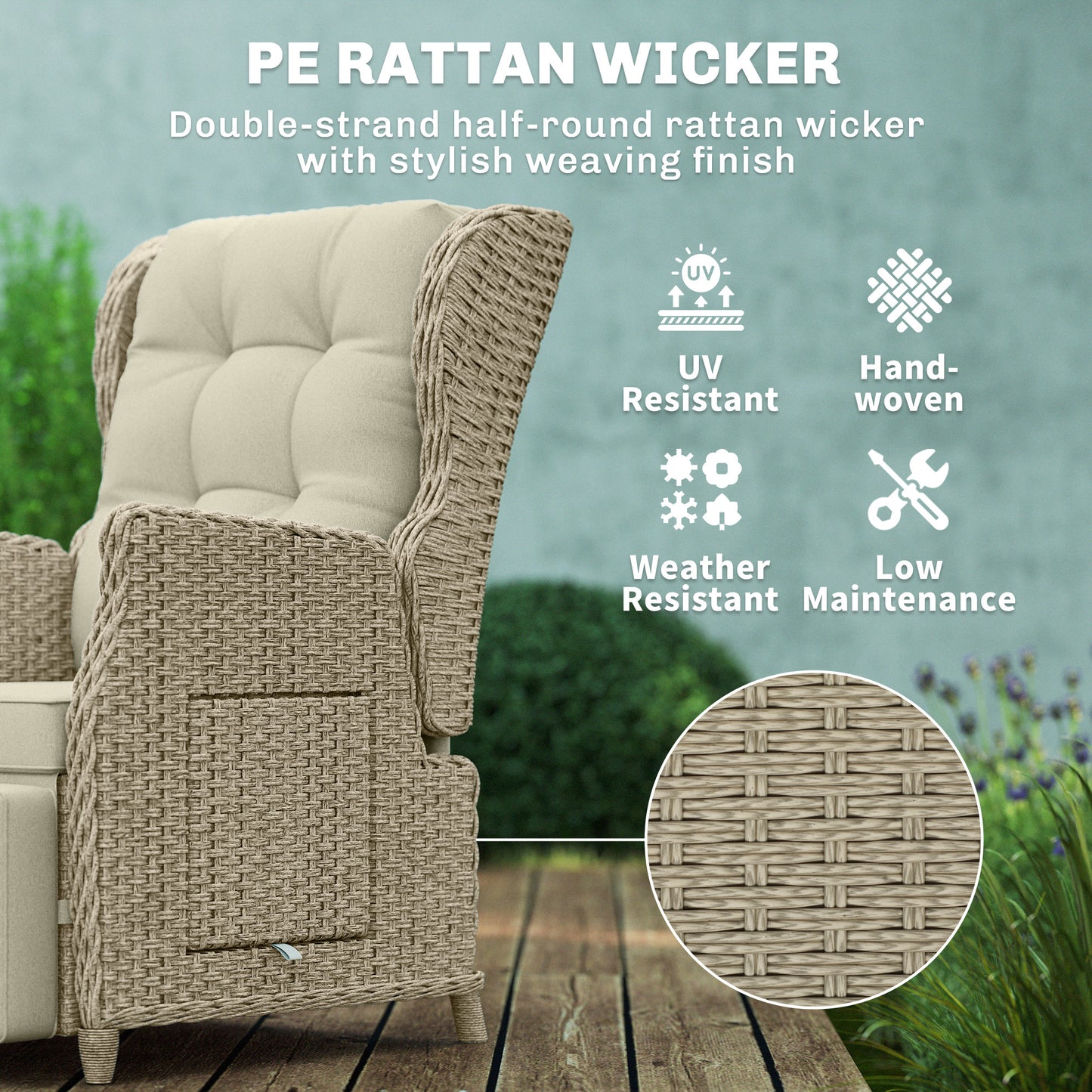 Rattan Garden Recliner Chair, Reclining Garden Chair with Adjustable Back and Footrest, Flip Table, Cushion, Brown