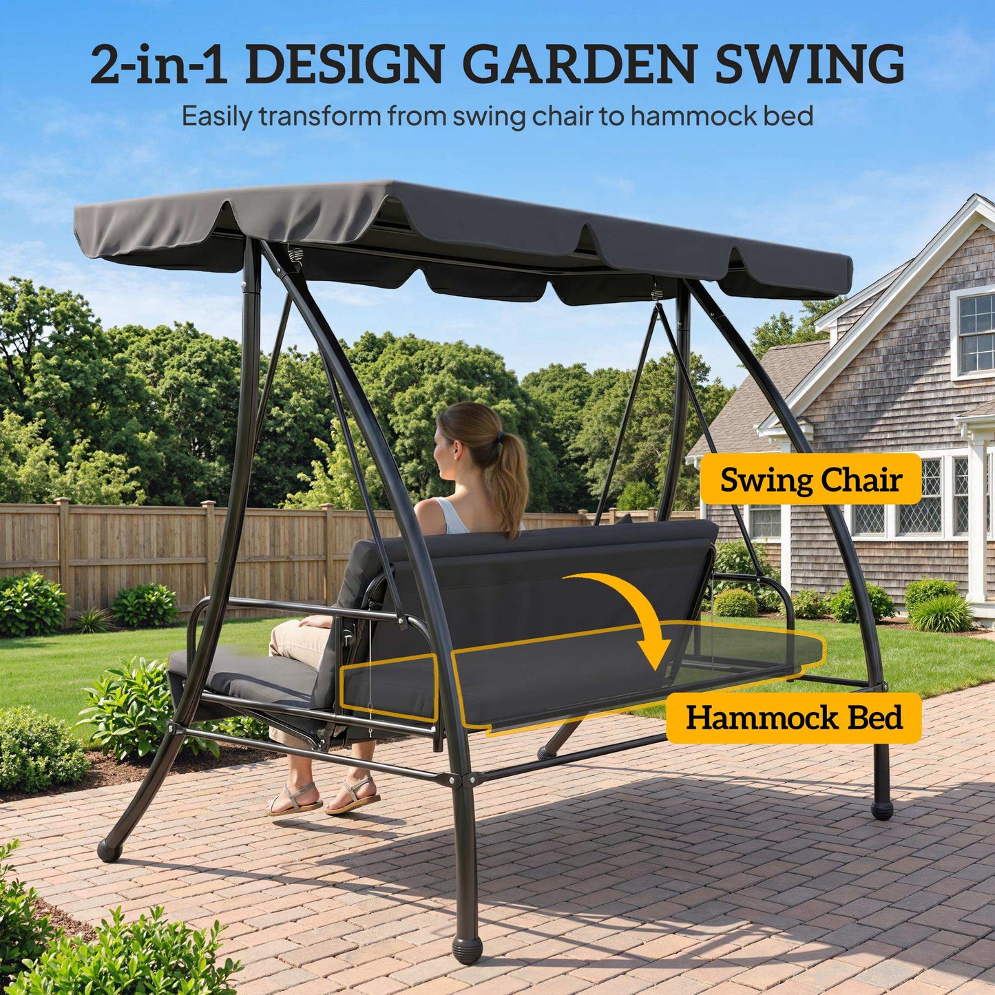 Outdoor 2-in-1 Swing Chair Lounger 3 Seater Garden Swing Seat Bed Convertible Tilt Canopy W/ Cushion, Dark Grey
