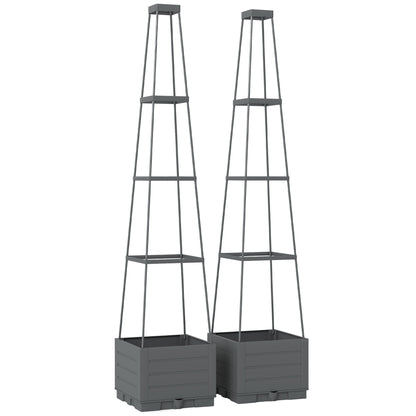 2 Pack Raised Garden Bed with Trellis, Plastic Outdoor Planter Box with Removable Drainage Tray