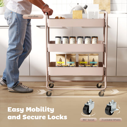 3-Tier Storage Trolley on Wheels, Rolling Utility Cart with Mesh Backets for Kitchen, Bathroom, Bedroom, Light Pink
