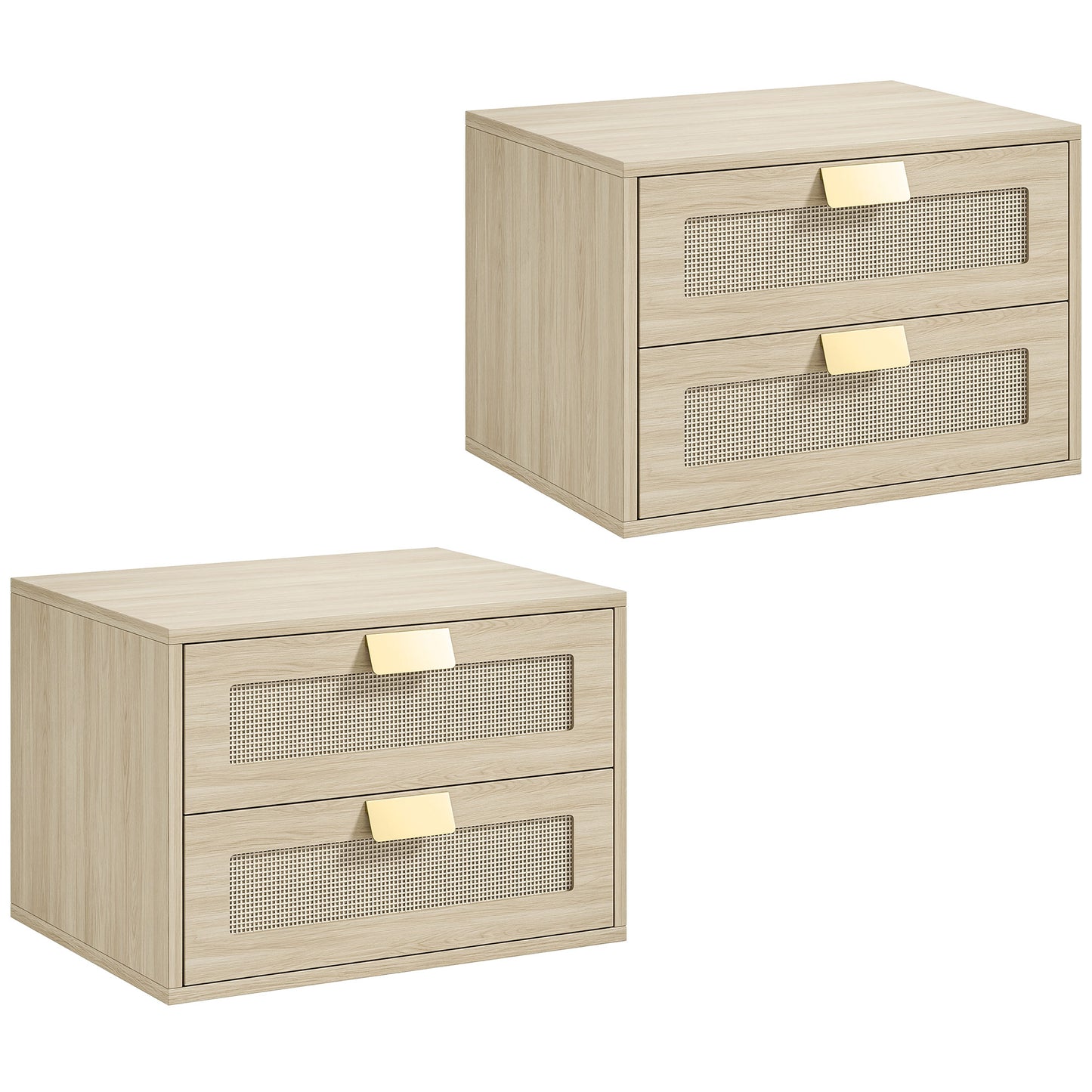 Modern Floating Nightstands Set of 2, Wall Mounted Bedside Tables with 2 Drawers, Oak
