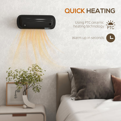 2000W Ceramic Electric Heater with Fan, Adjustable Thermostat, Wall Mounted - Black