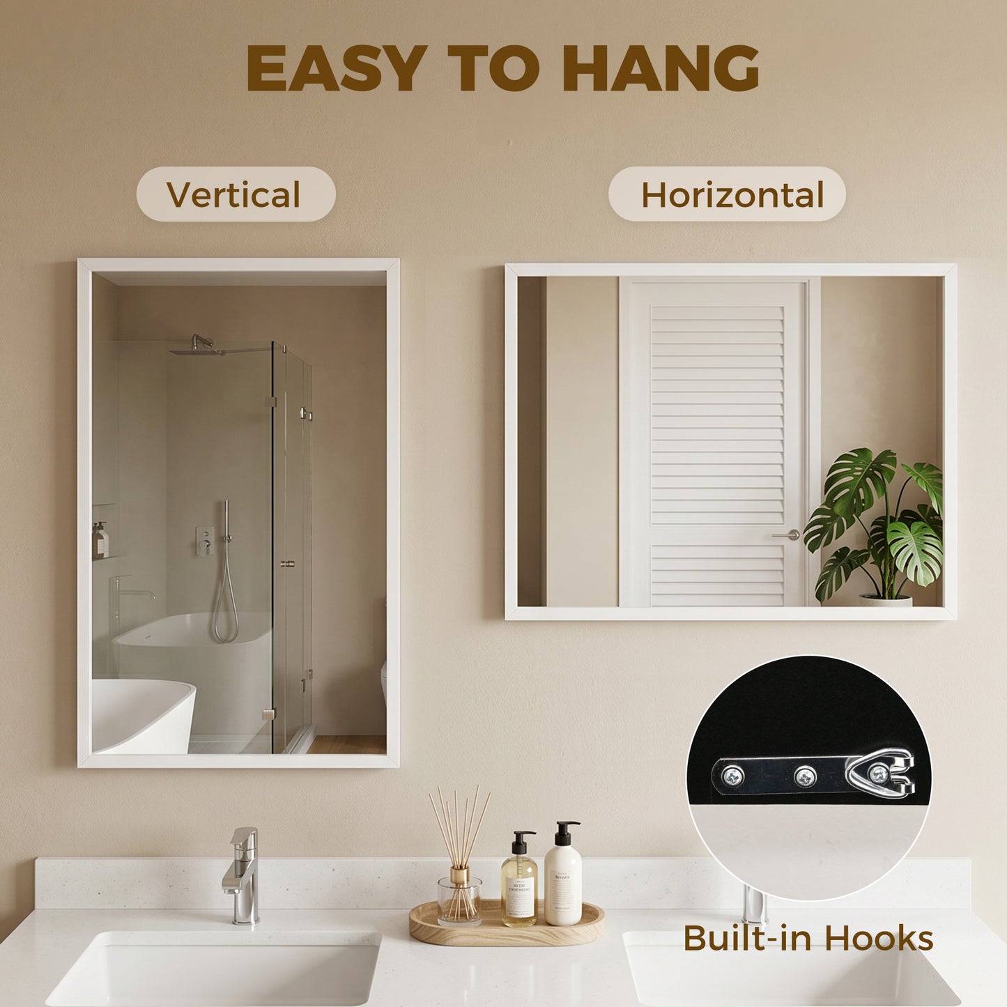Wall-Mounted Bathroom Mirror, 70 x 50 cm Wall Mirror for Living Room, Bedroom, Hallway, White