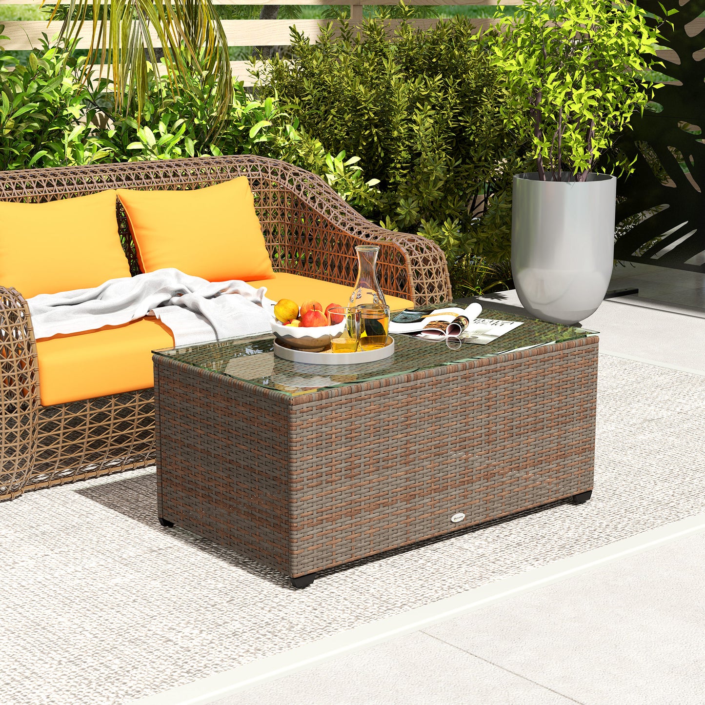 90 x 50cm Glass-Top Rattan Side Table - Brown