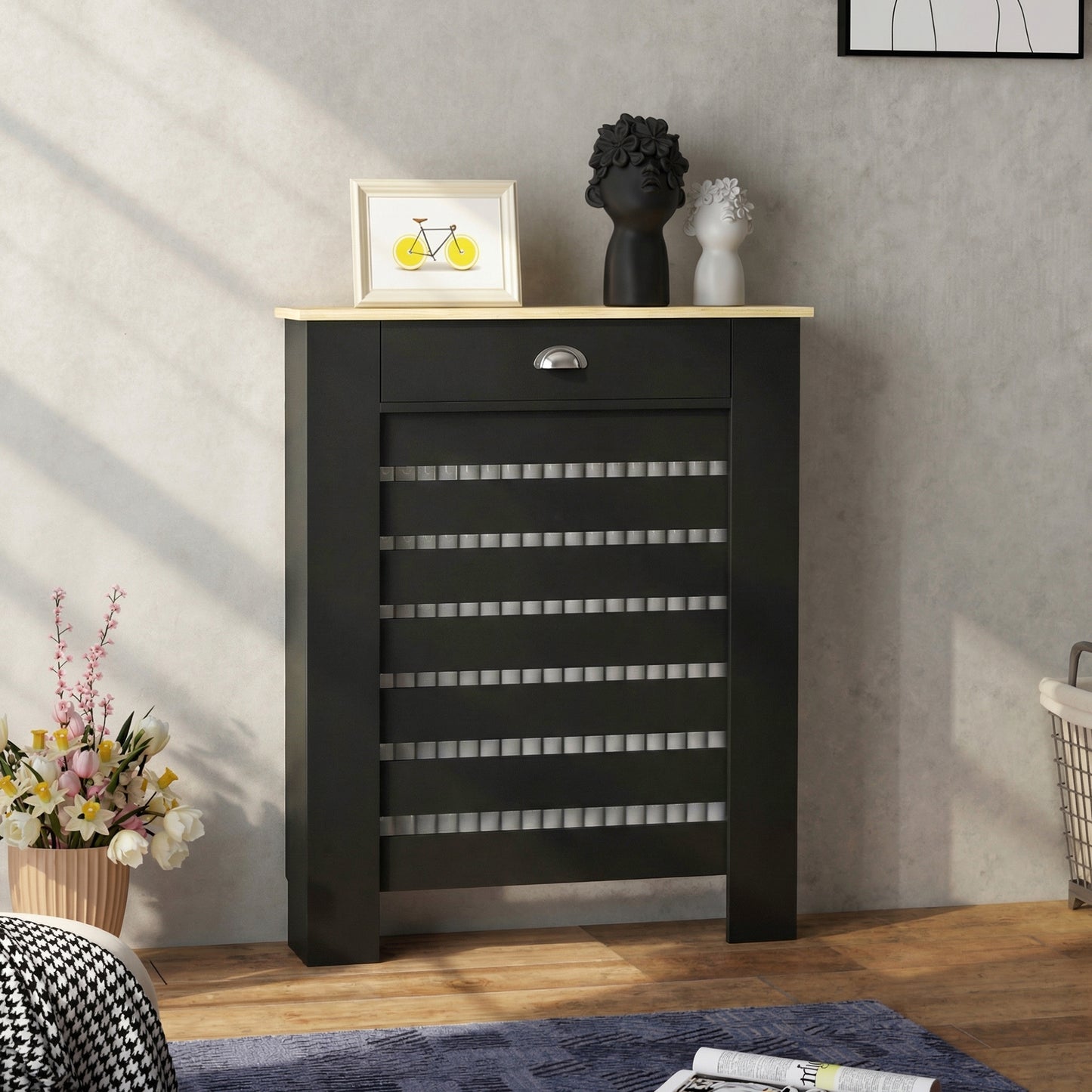95.5H x 78Wcm Radiator Cover, with Drawer - Black