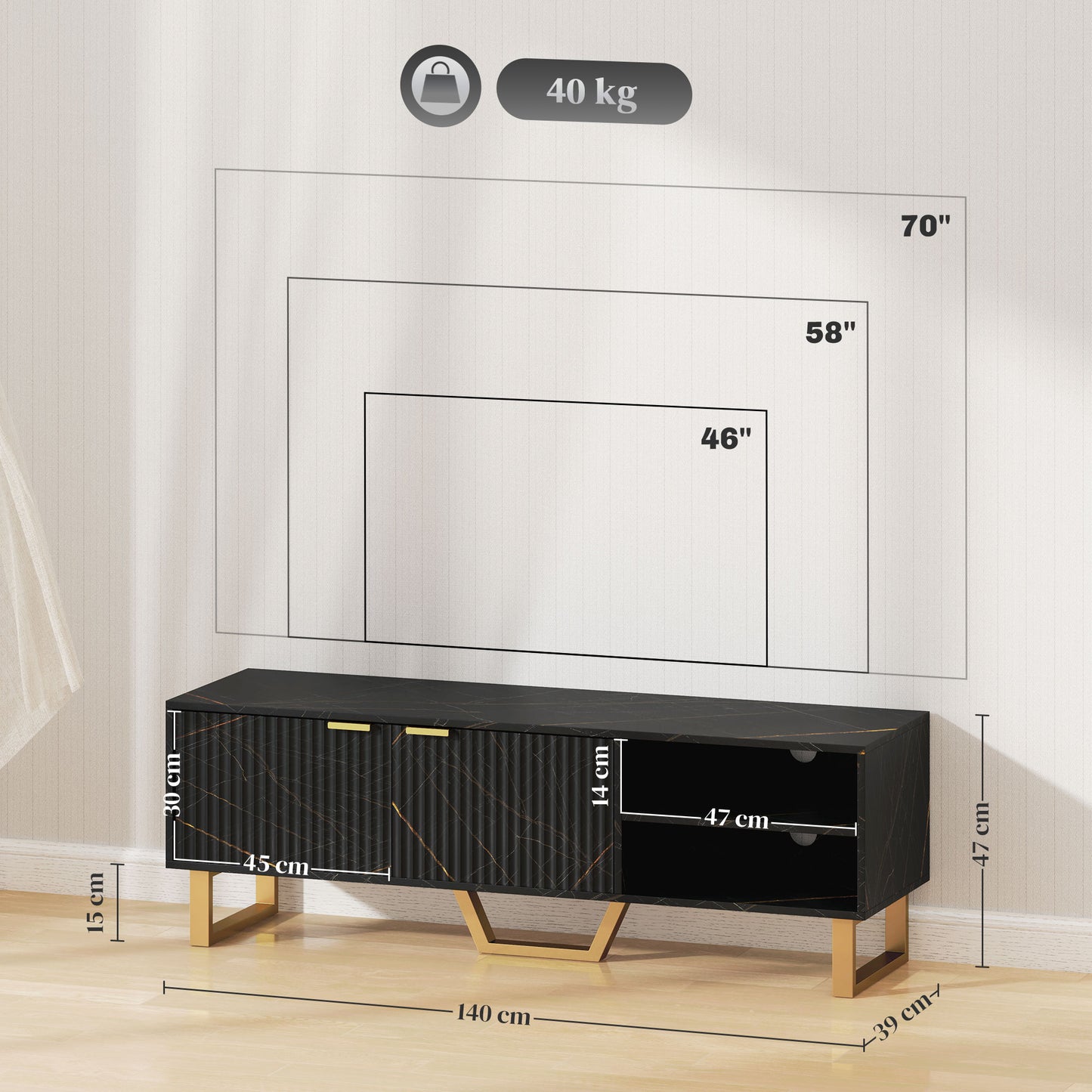 Marble Effect TV Unit, Modern TV Stand Cabinet for up to 70" TVs, with Shelves and Storage Cupboard, Fluted Door