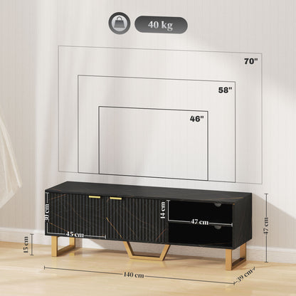 Marble Effect TV Unit, Modern TV Stand Cabinet for up to 70" TVs, with Shelves and Storage Cupboard, Fluted Door