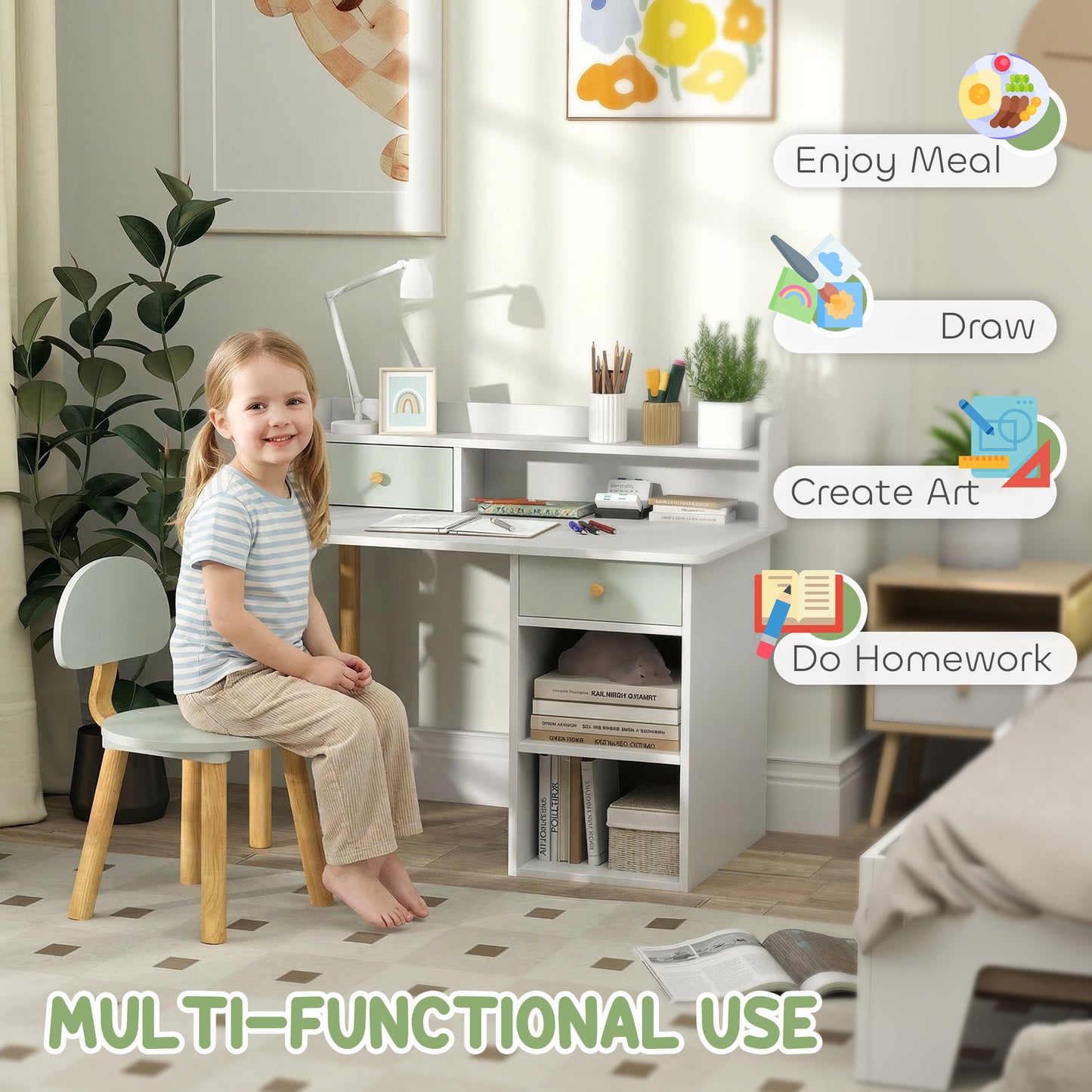Two-Piece Children Study Table with Hutch, Kids Desk and Chair Set with Storage, Drawer, Shelves, Green
