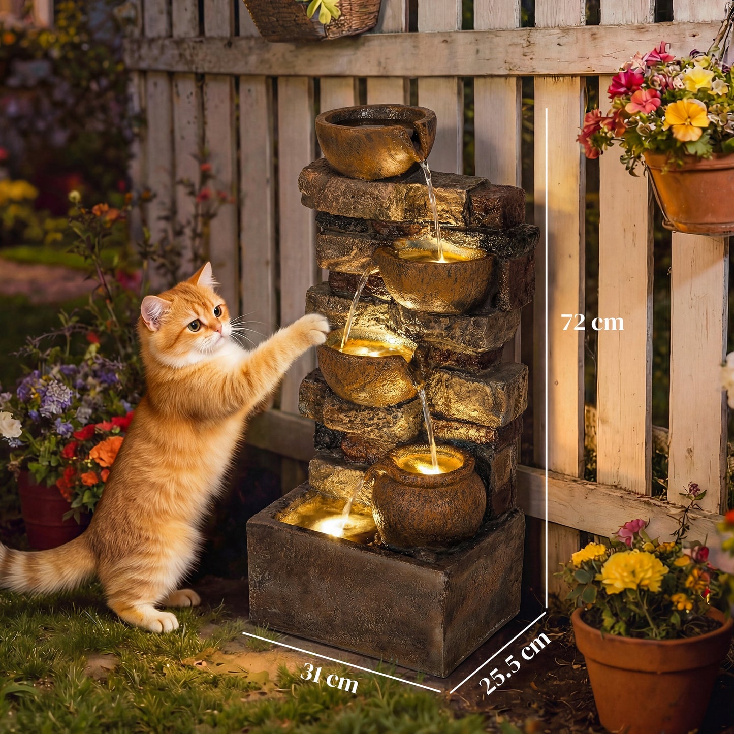 28" 5-Tier Outdoor Fountain, Cascading Waterfall Feature with LED Lights, Adjustable Flow, Rustic Brown