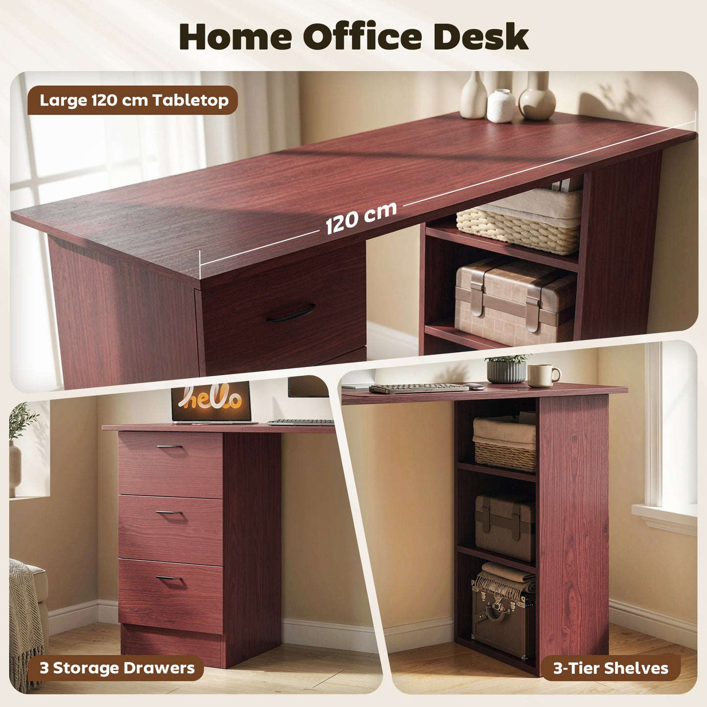 Computer Desk, Writing Table, PC Workstation with 3 Storage Shelves and Drawers, Handle, for Home Office, Walnut Brown
