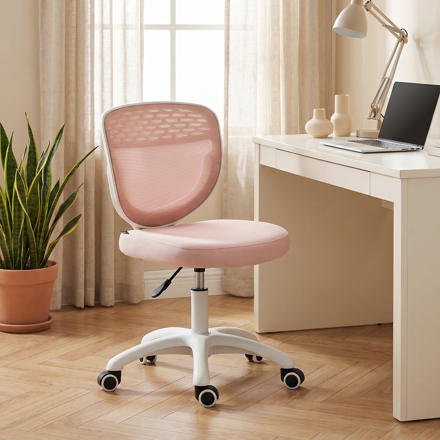 Office Chair, Armless Computer Desk Chair with Breathable Mesh, Adjustable Height, Swivel Wheels, Pink