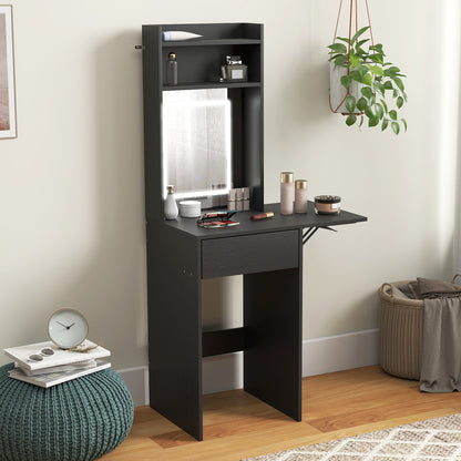 Small Vanity Desk with Mirror and LED Lights, Compact Dressing Table with Drop Leaf, Open Shelves and Drawer, Black