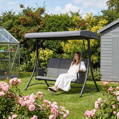 3 Person Outdoor Patio Porch Swing Chair with High Back Design and Side Pouches, Charcoal Grey