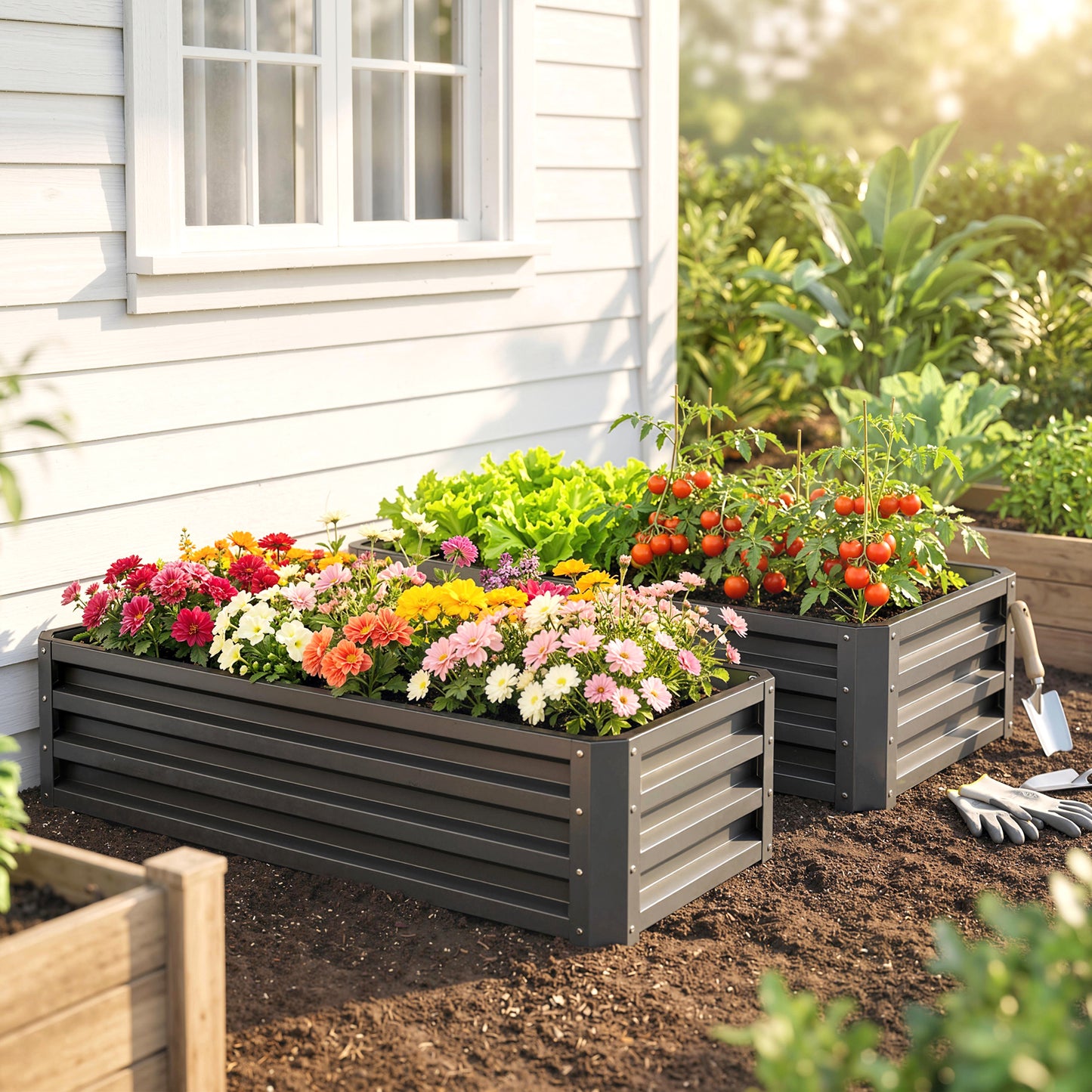 Set of Two 110 x 50cm Steel Planter Boxes - Dark Grey