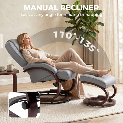 Swivel Recliner Chair with Footstool, PU Leather Recliner Armchair with Adjustable Back and Wood Frame, Grey