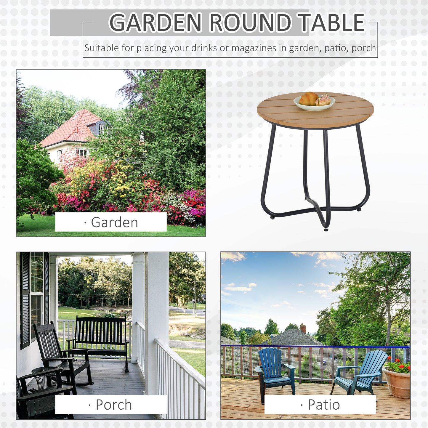 Round Outdoor Side Table Adjustable Leg Pads Garden Table 49 x 49 x 48 cm Natural Wood & Black