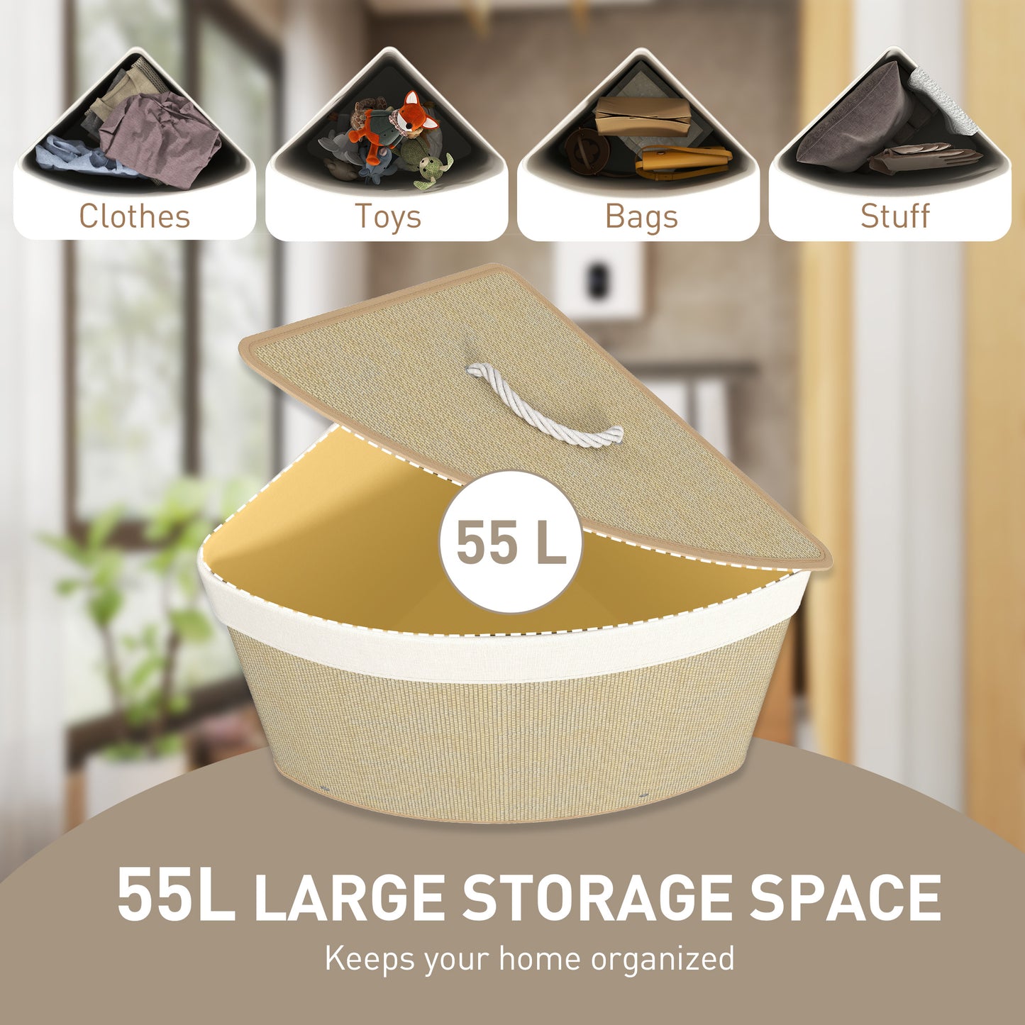 Bamboo Laundry Basket with Lid, 55L Corner Laundry Hamper with Removable Washable Liner Bag