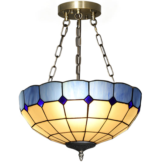 Tiffany Style Ceiling Light, Vintage Chandelier with 3 E27 Sockets, Semi Flush Mount for Living Room, Bulbs Not Included