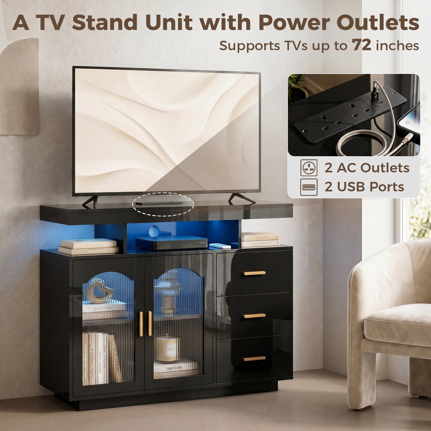 High Gloss Sideboard with LED Lights, Built-in Power Outlets, 3 Drawers, Shelves and 2 Acrylic Doors, Black
