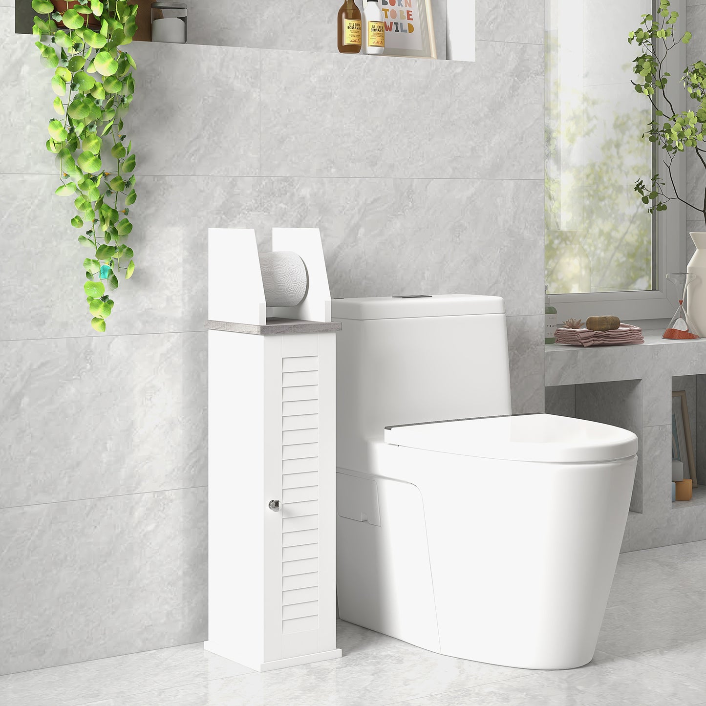 Toilet Roll Holder Cabinet, Slim Freestanding Bathroom Cabinet with Adjustable Shelf, Toilet Roll Storage Unit, White