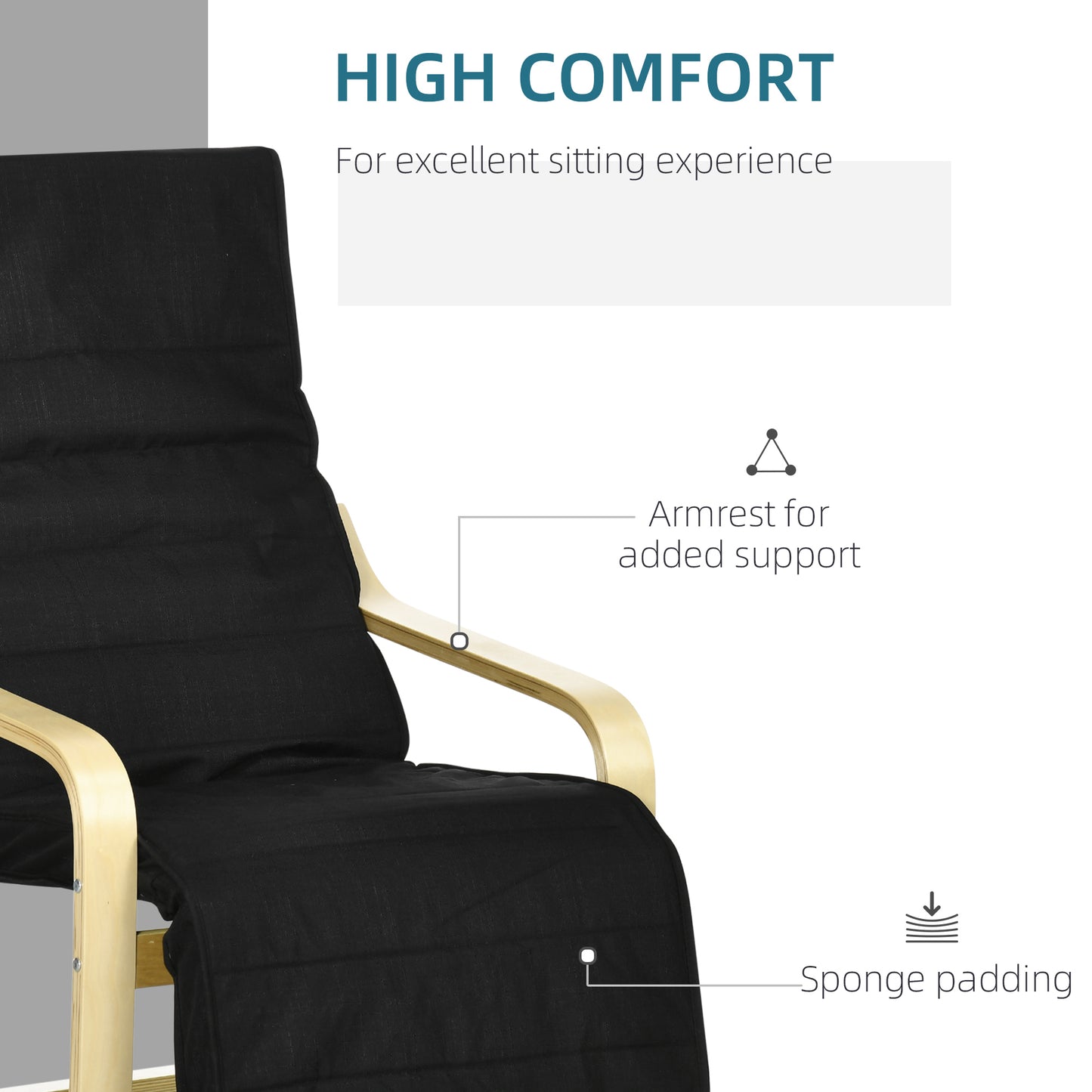 Wooden Armchair, Upholstered Linen Lounge Chair with Adjustable Footrest & Removable Cushion, Poang Chair for Living Room