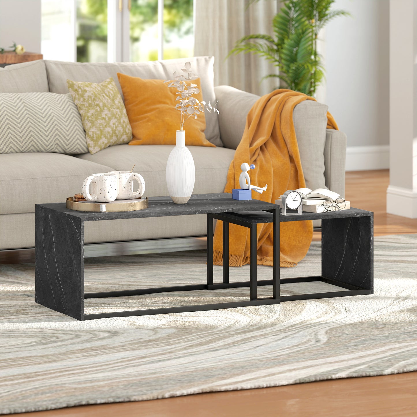 Nesting Coffee Table Set of 2, Industrial Stacking Side End Tables with Metal Frame for Living Room, Bedroom
