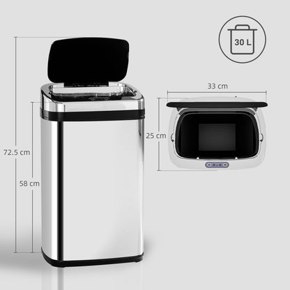 30L Stainless Steel Motion Sensor Lid Bin - Silver Tone