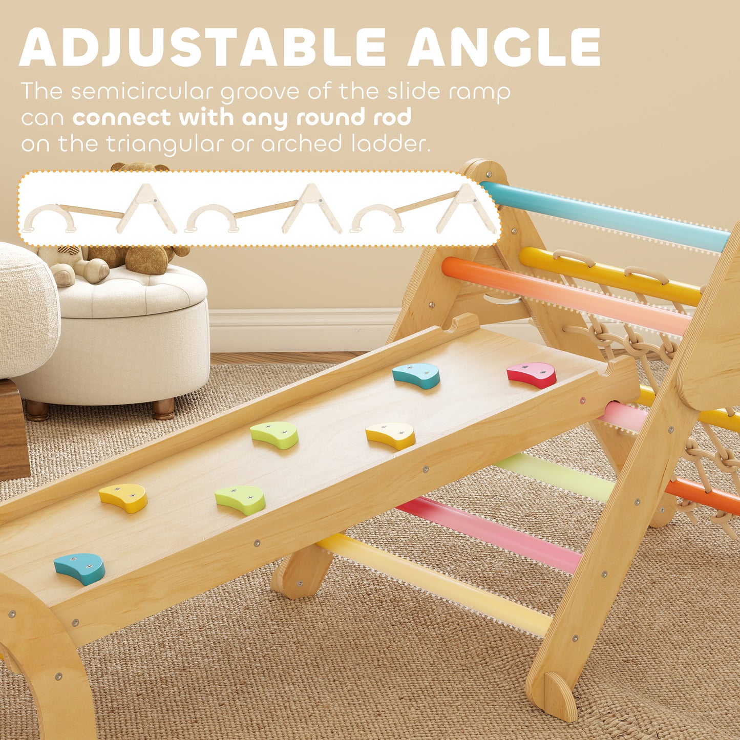 8-in-1 Toddler Climbing Frame, Indoor Play Triangle Set with Slide, Arch and Triangle Ladder, Multicolour