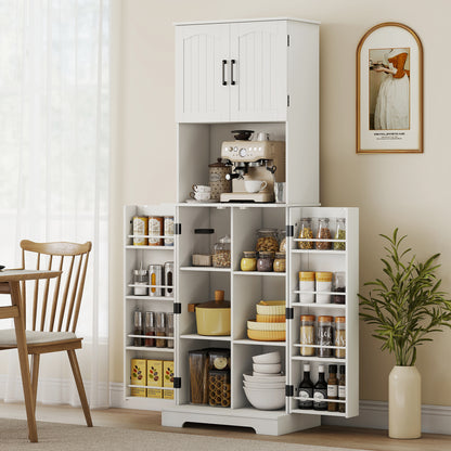 181.5 cm Freestanding Storage Cabinet, Tall Kitchen Cupboard with Adjustable Shelves, 8 Door Spice Racks, White