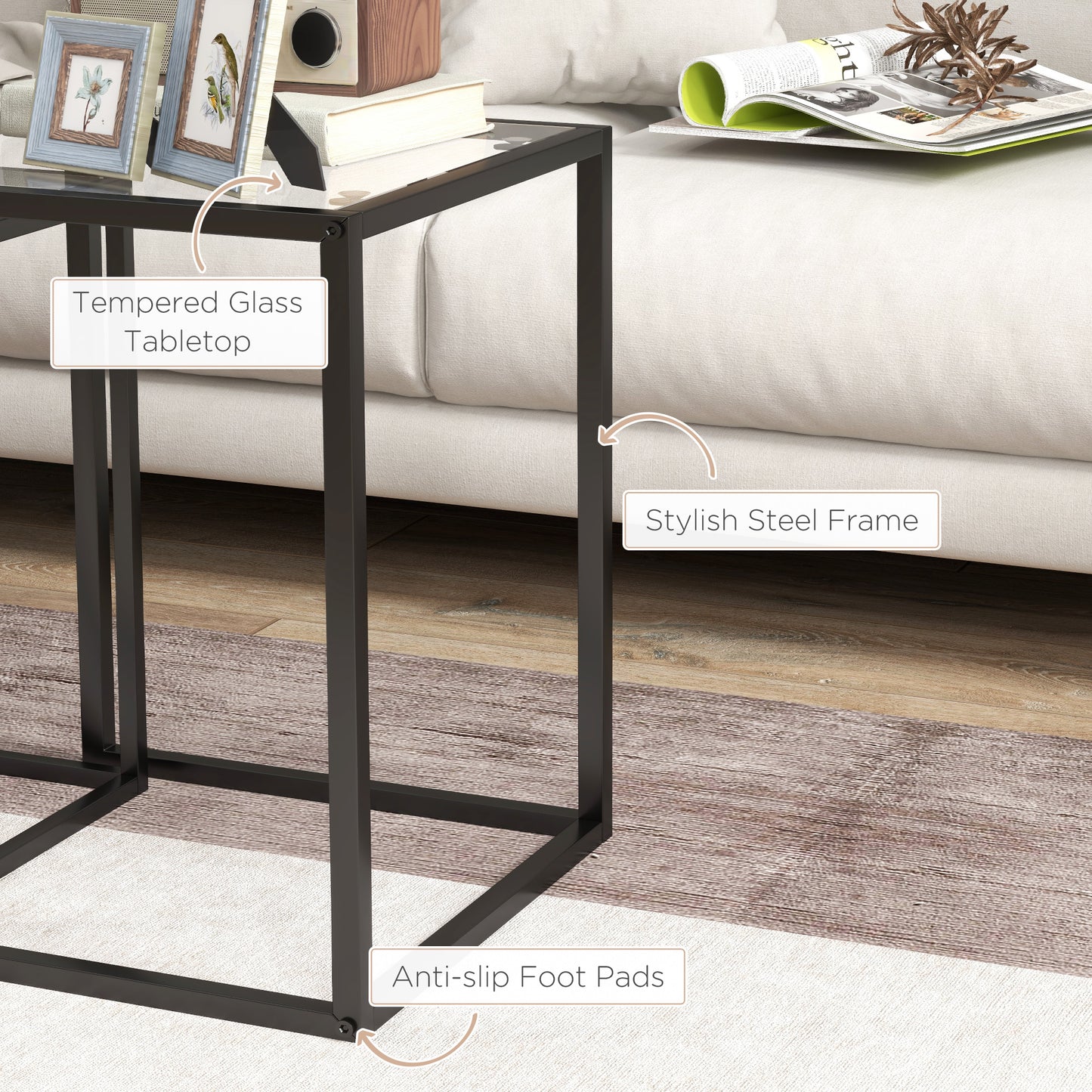 Nesting Tables Set of 2, Side End Table with Tempered Glass Top and Steel Frame for Living Room, Bedroom, Black