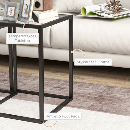 Nesting Tables Set of 2, Side End Table with Tempered Glass Top and Steel Frame for Living Room, Bedroom, Black