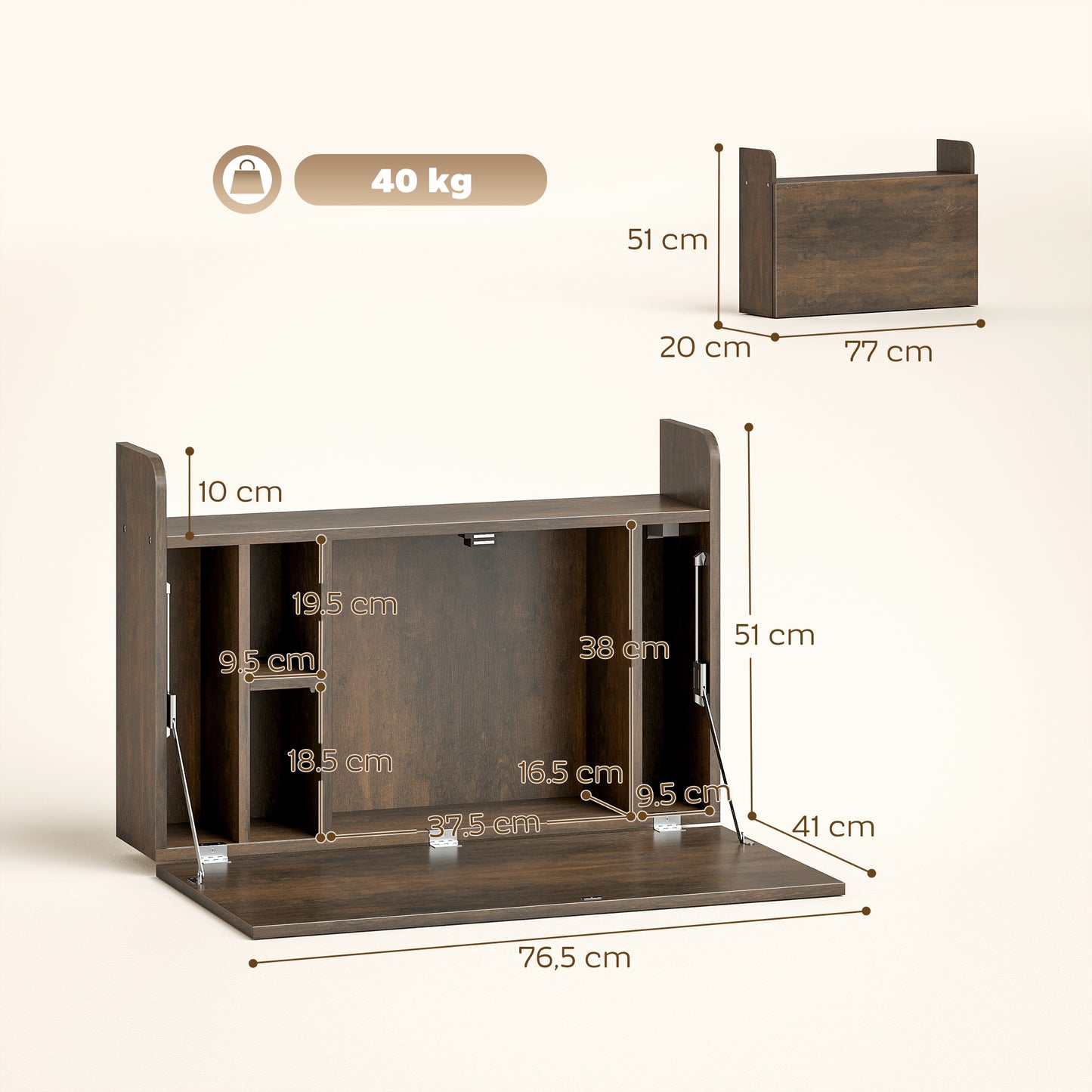 Wall Mounted Desk, Drop Leaf Floating Laptop Desk with Space Saving Storage Compartments for Home Office, Dark Brown