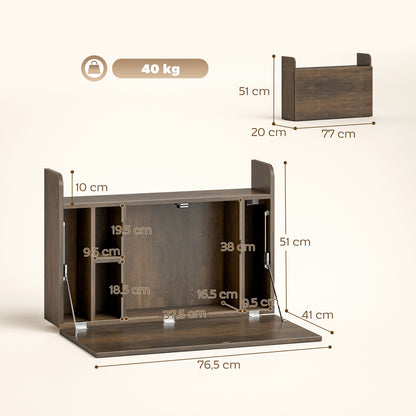 Wall Mounted Desk, Drop Leaf Floating Laptop Desk with Space Saving Storage Compartments for Home Office, Dark Brown