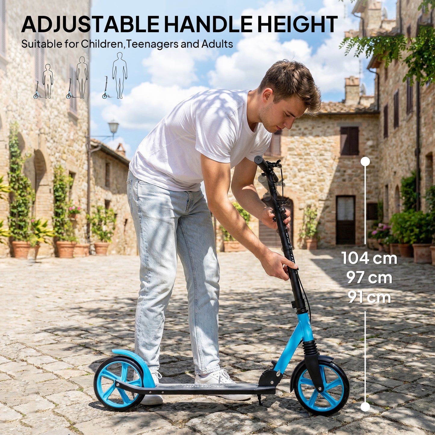 One-click Folding Kick Scooter for 14+ w/ Adjustable Handlebar, Push Scooter with Kickstand, Dual Brake System, Blue