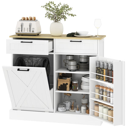 Sideboard with Tilt-out Trash Bin, Farmhouse Kitchen Sideboard with 2 Drawers, Adjustable Shelves, Door Racks, White