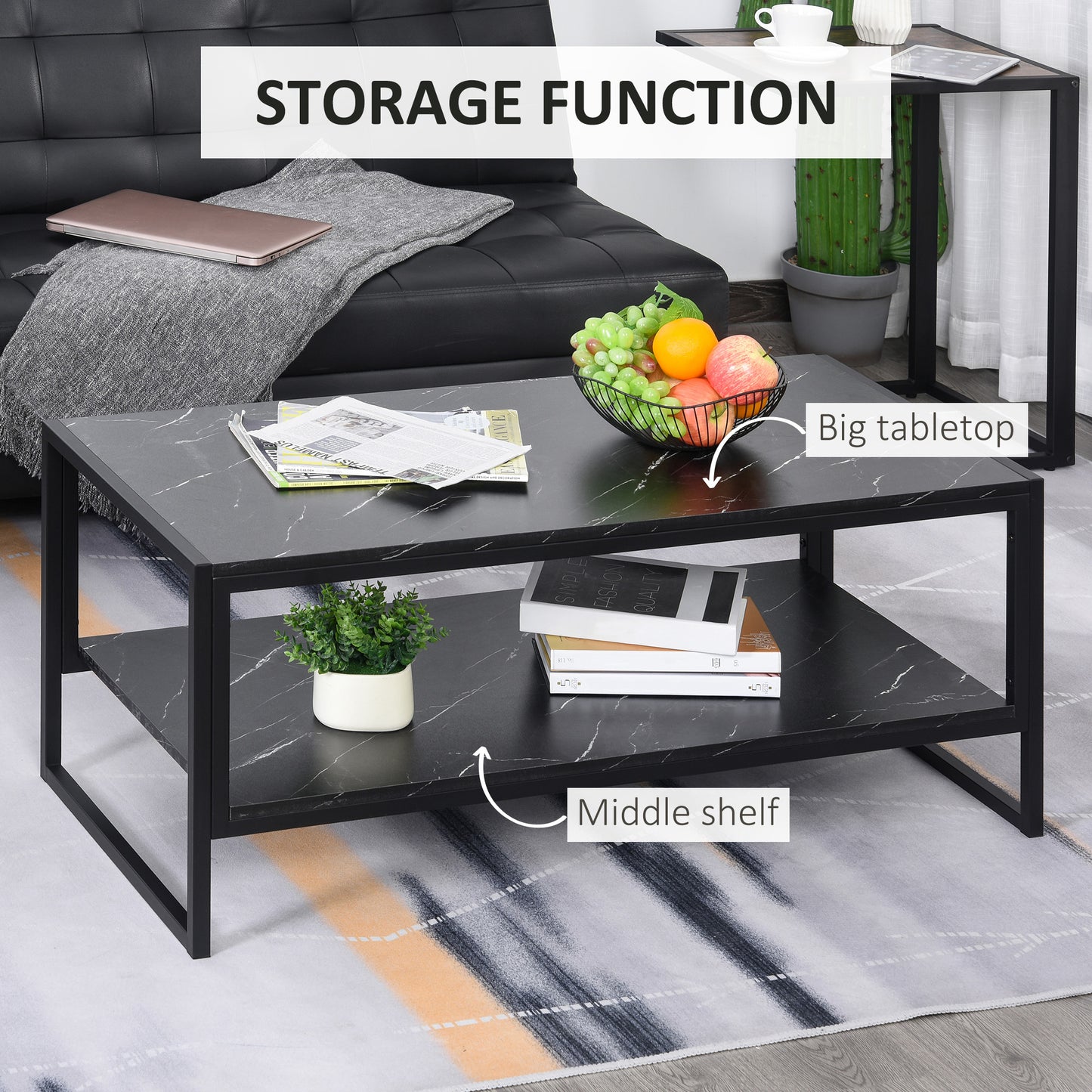Coffee Table, Two-Tier Faux Marble Effect Centre Table with Metal Frame and Storage Shelf for Living Room, 106 x 50 x 45cm
