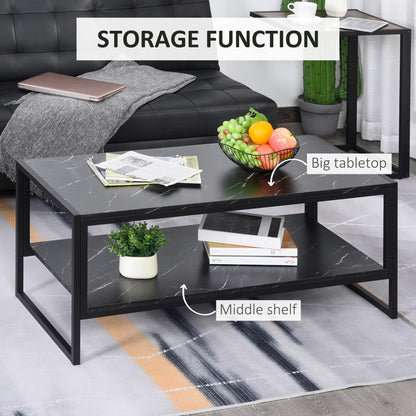 Coffee Table, Two-Tier Faux Marble Effect Centre Table with Metal Frame and Storage Shelf for Living Room, 106 x 50 x 45cm