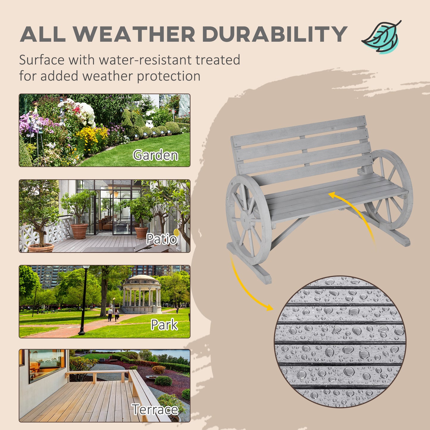Wooden Cart Wagon Wheel 2 Seater Garden Bench Outdoor Garden Armrest Chair Rustic High Back Loveseat Grey