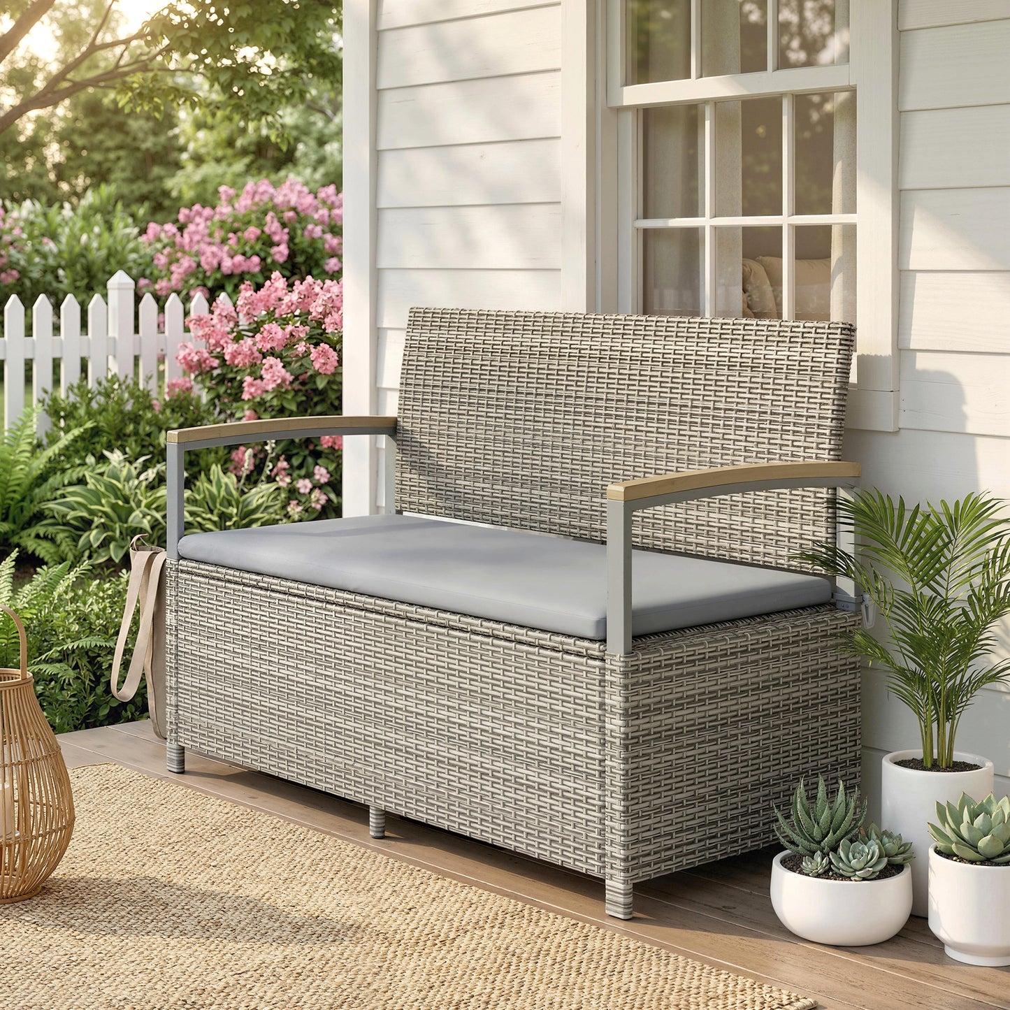 170 L Garden Storage Bench with Zipped Liner, 2 Seater Rattan Garden Bench with Storage, Gas Strut, Cushion, Light Grey