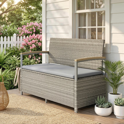 170 L Garden Storage Bench with Zipped Liner, 2 Seater Rattan Garden Bench with Storage, Gas Strut, Cushion, Light Grey