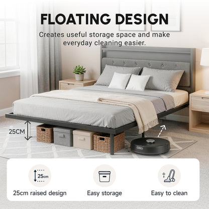 Floating Bed Frame, Upholstered 5ft King Size Bed, Platform Bed with RGB LED Lights and Charging Station, Grey