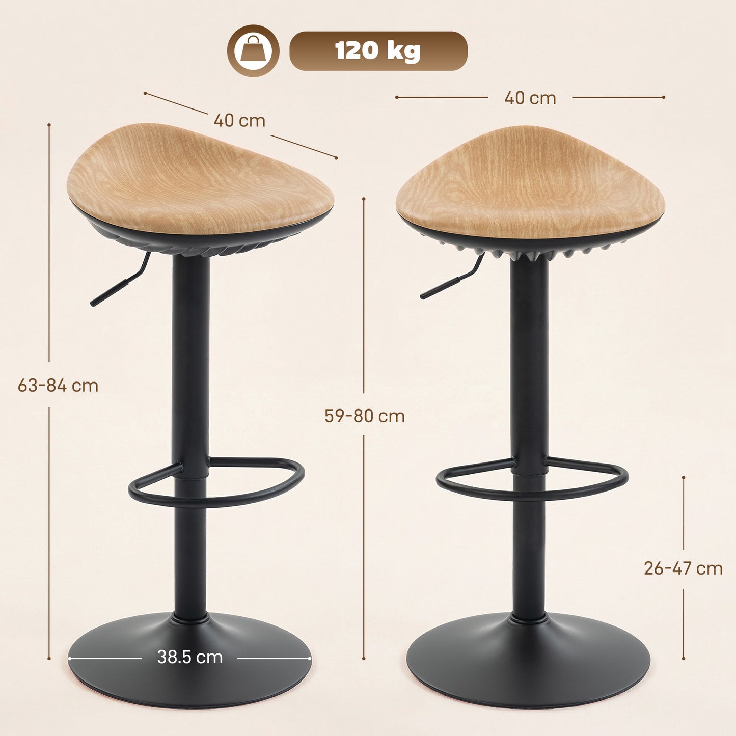 Set of 2 Barstools PU Leather Kitchen Stools with Saddle Seat Height Adjustable Swivel Kitchen Chairs with Footrest Oak