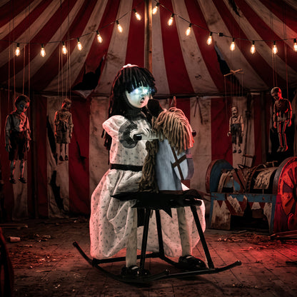 Animated Halloween Girl Riding Horse, Halloween Animatronics with Creepy Rhymes, Glowing Eyes, Sound/Touch Activated
