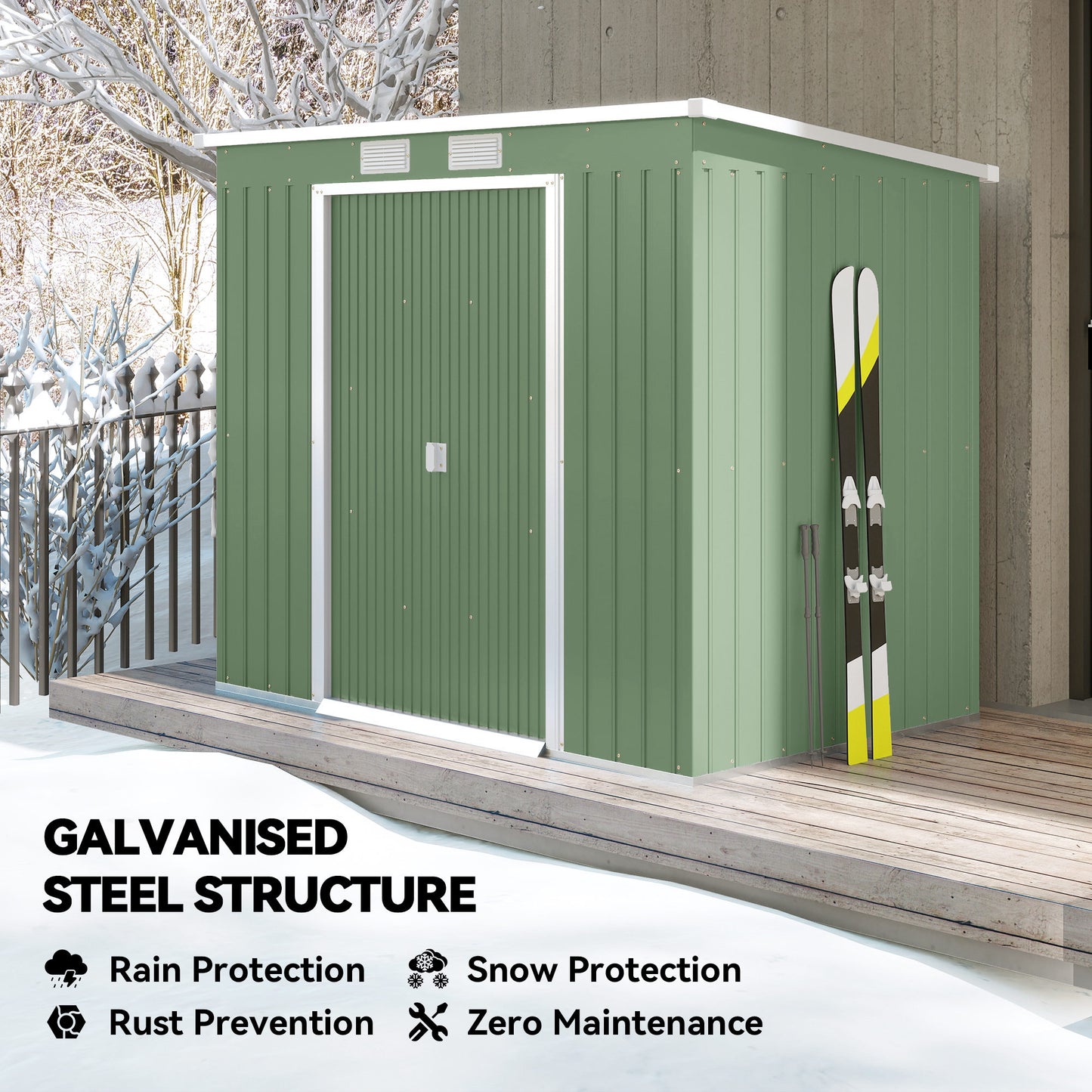 7 x 4ft Galvanised Steel Garden Shed, with Foundation Kit - Green