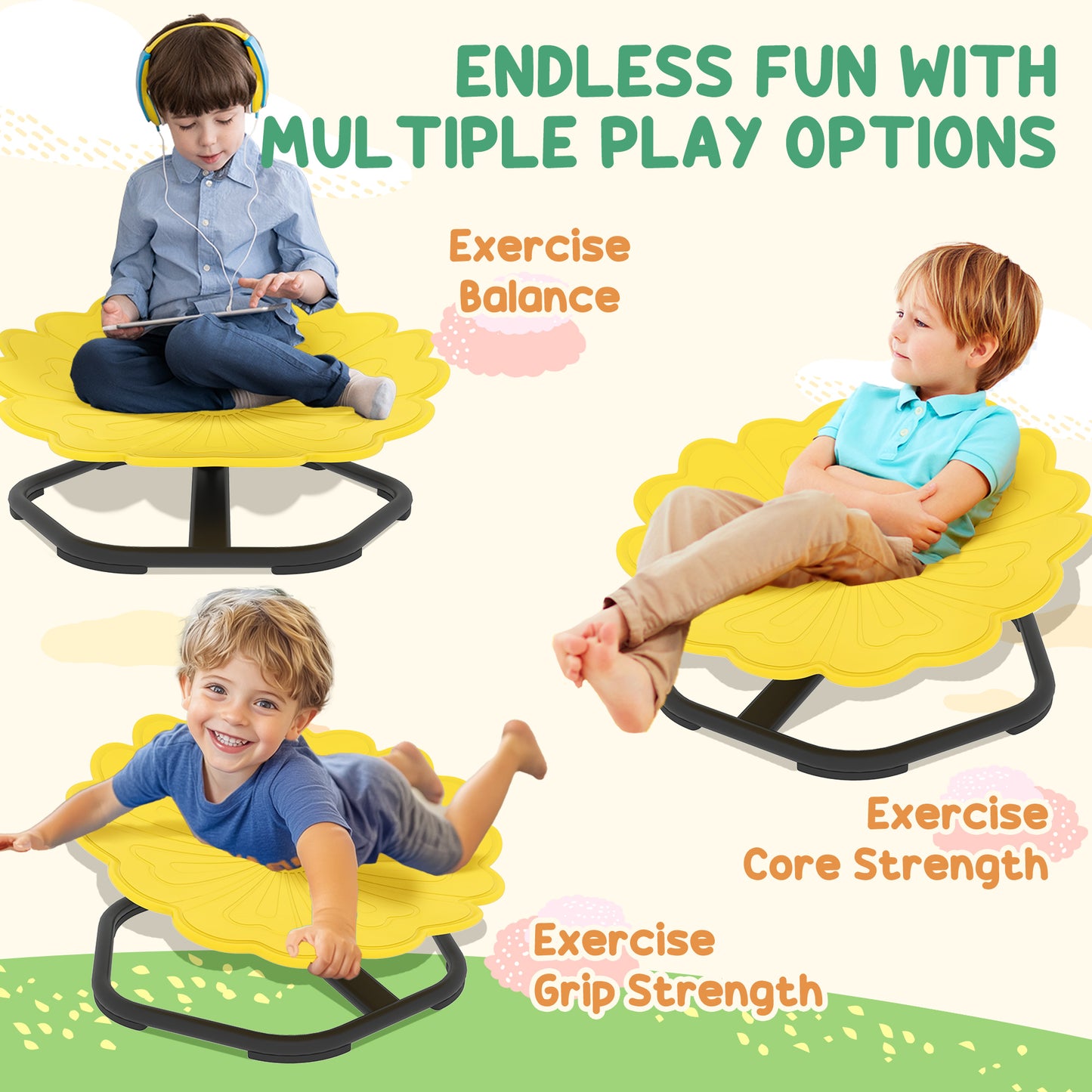 Flower-Shaped Sensory Spinning Chair with Non-Slip Base for Balance/Coordination, Yellow