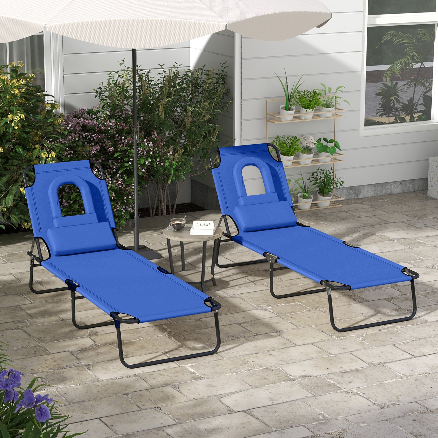 Folding Sun Loungers Set of 2 with Face Hole, 4-Position Adjustable Backrest Garden Recliner Chair Sunbed