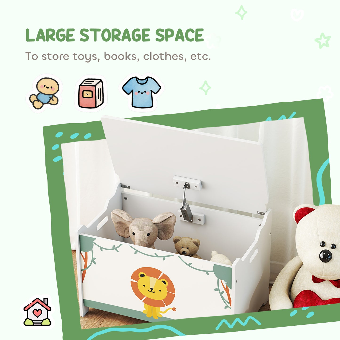 Toy Box with Lid, Safety Hinges and Groove Handles, Toy Storage organiser for Kids, Living Room, Playroom, Green
