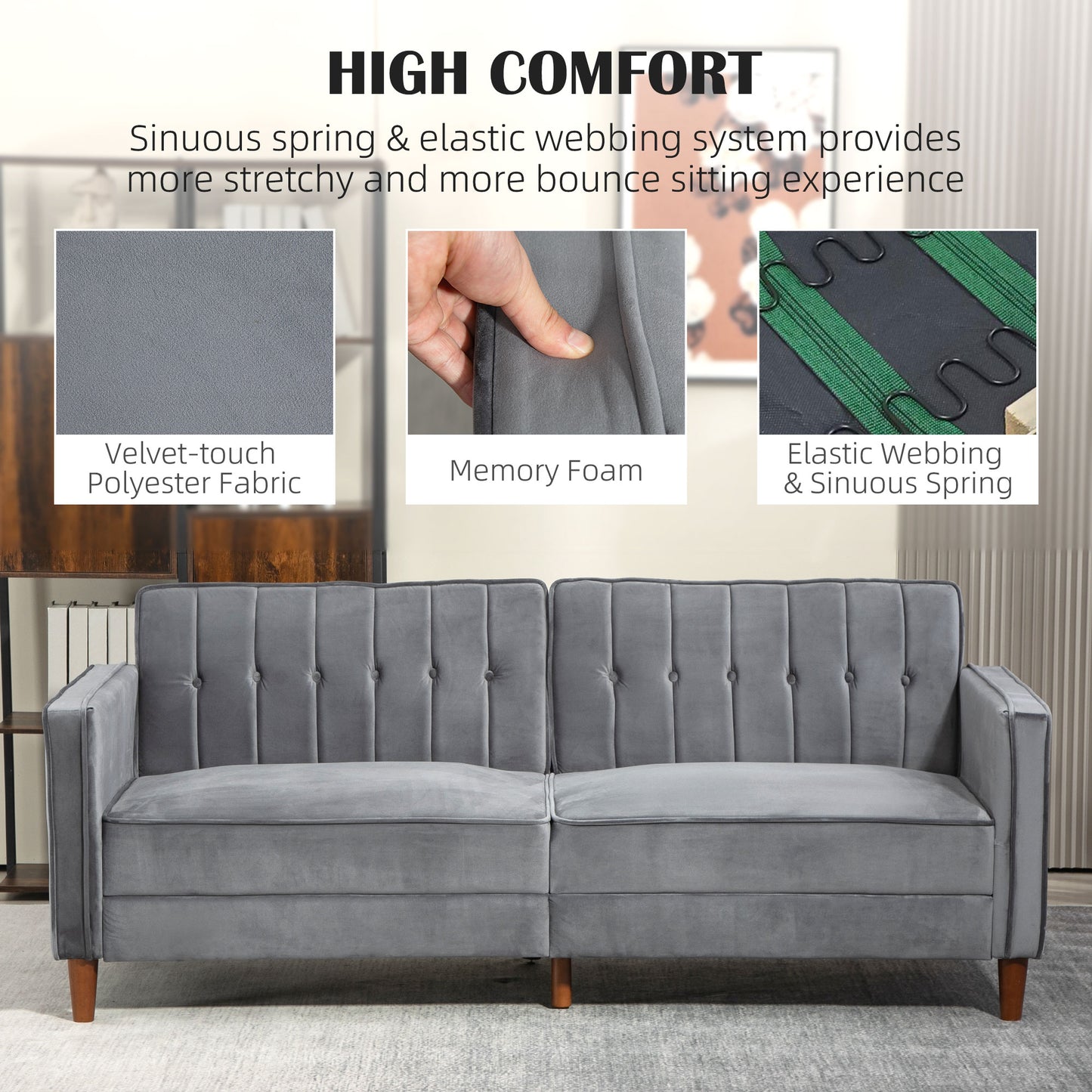 Velvet-Feel Three-Seater Sofa Bed with Wooden Legs, 300 kg - Dark Grey