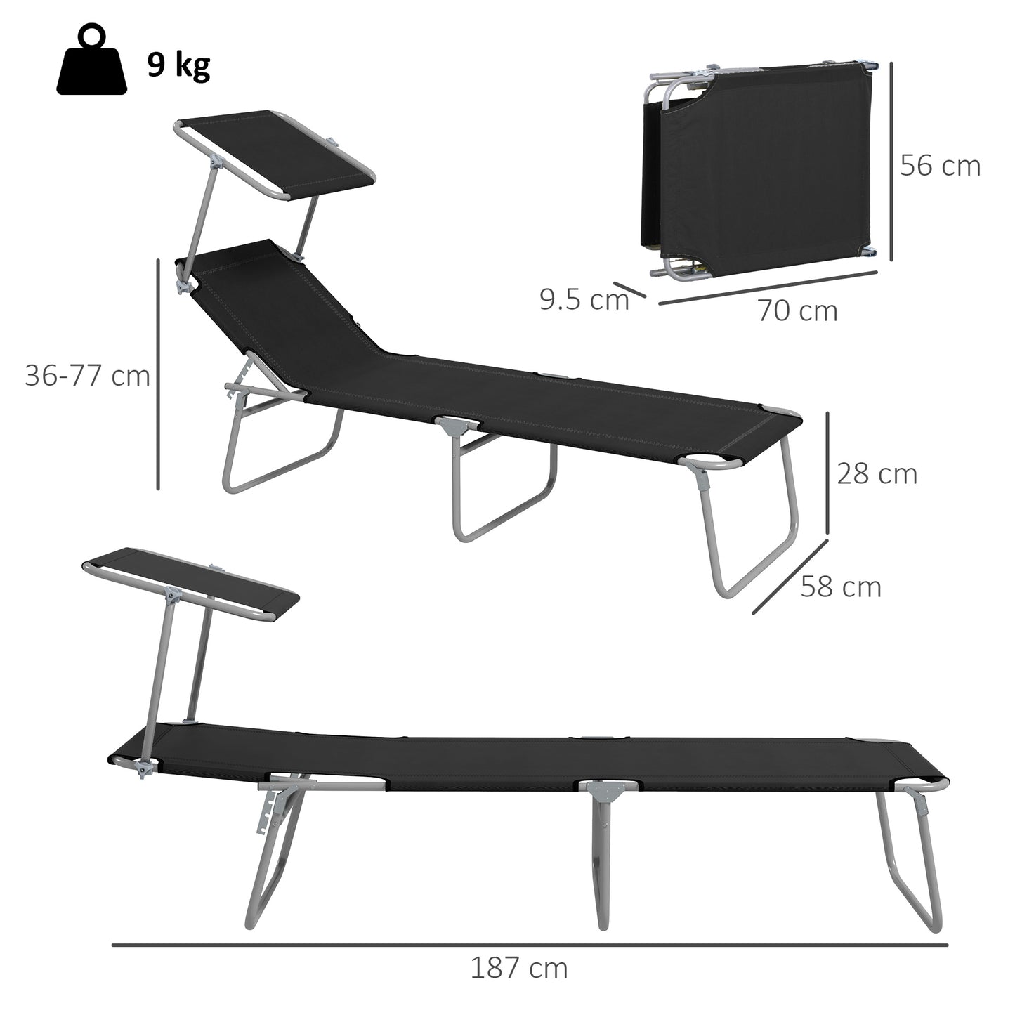 Foldable Sun Lounger Set of 2 with Sun Shade & Adjustable Backrest - Black
